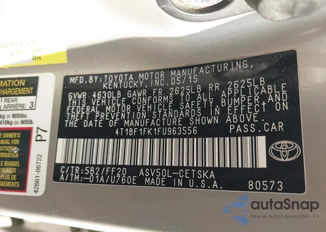 2015 Toyota Camry Se z USA, uszkodzony, nr VIN 4T1BF1FK1FU963556